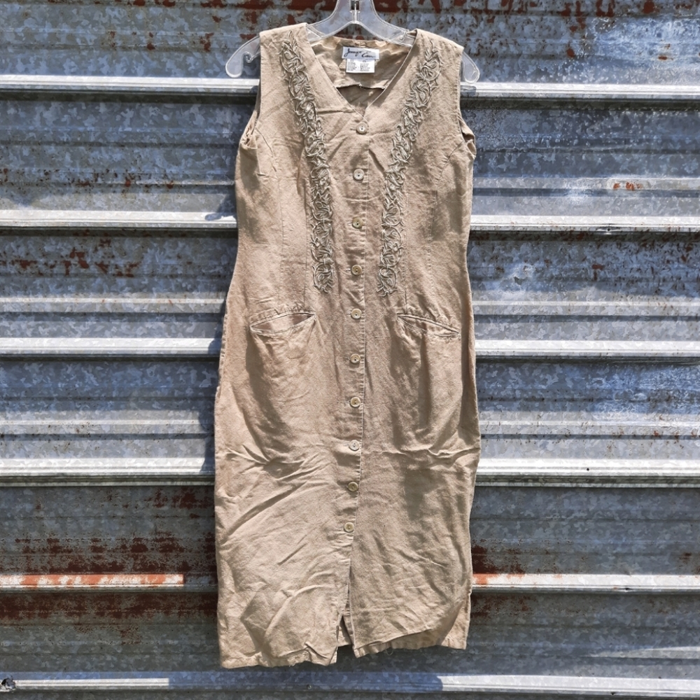 VINTAGE Tan Linen/Khaki Button Up Sleeveless Pocketed Maxi Shift Dress